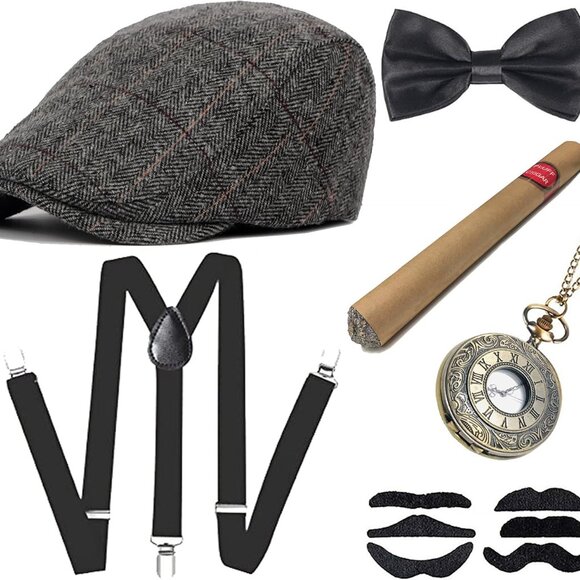 Men 1920s Roaring Retro Vintage Accessories Set Halloween Costume Gangster Hat B - Picture 1 of 9